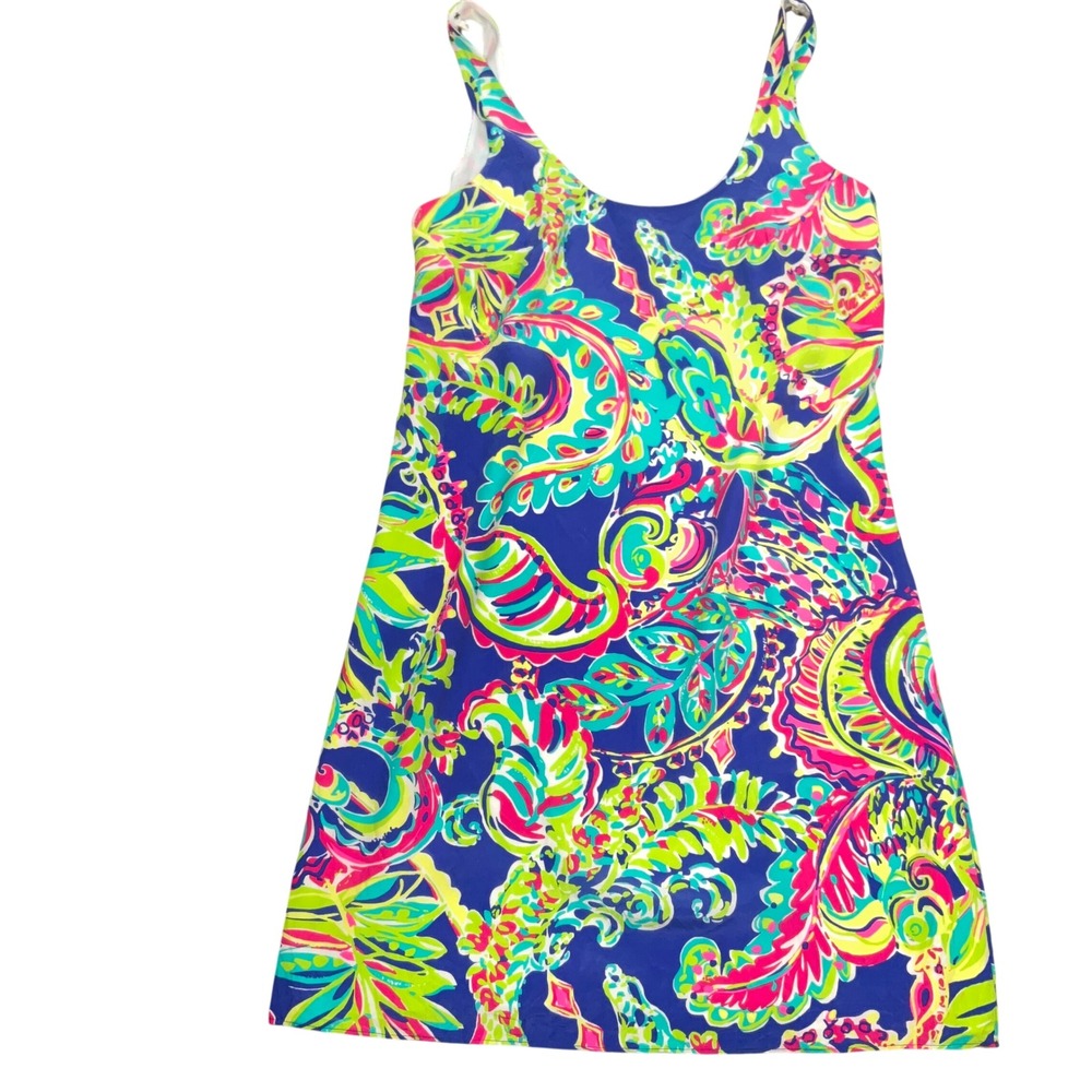 Lilly Pulitzer Dress Women XS Pink Blue Paisley Floral‎ Silk Slip Resortwear